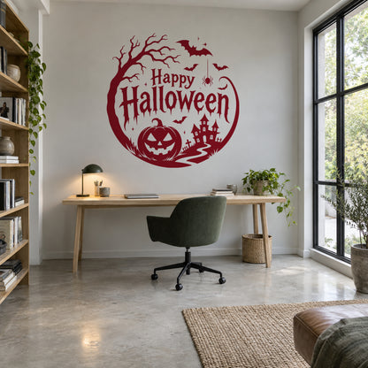 Burgundy Happy Halloween wall decal above a desk in a grey home office.