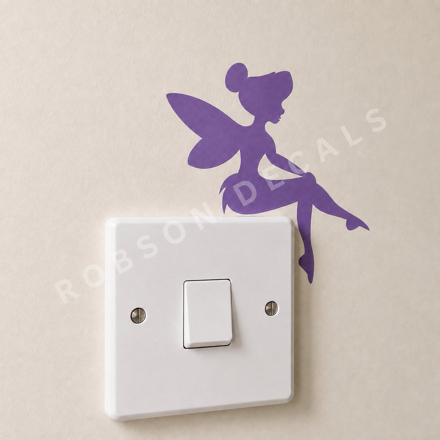 Lavender Little Fairy decal and white light switch, with Robson Decals watermark.