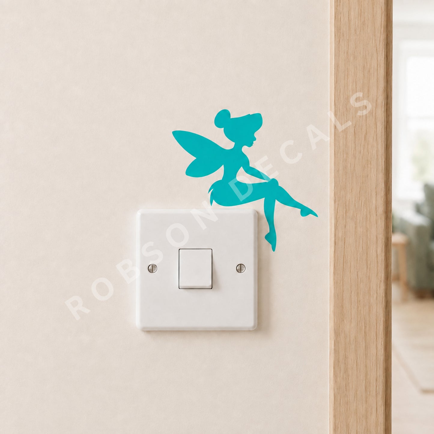 Mint turquoise Little Fairy decal beside an oak doorway, with Robson Decals watermark.