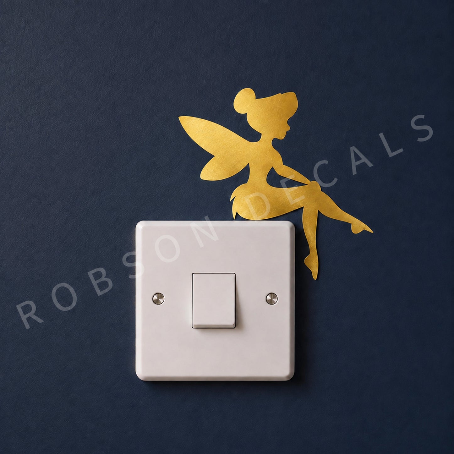 Metallic gold Little Fairy light-switch decal on a navy wall, with Robson Decals watermark.