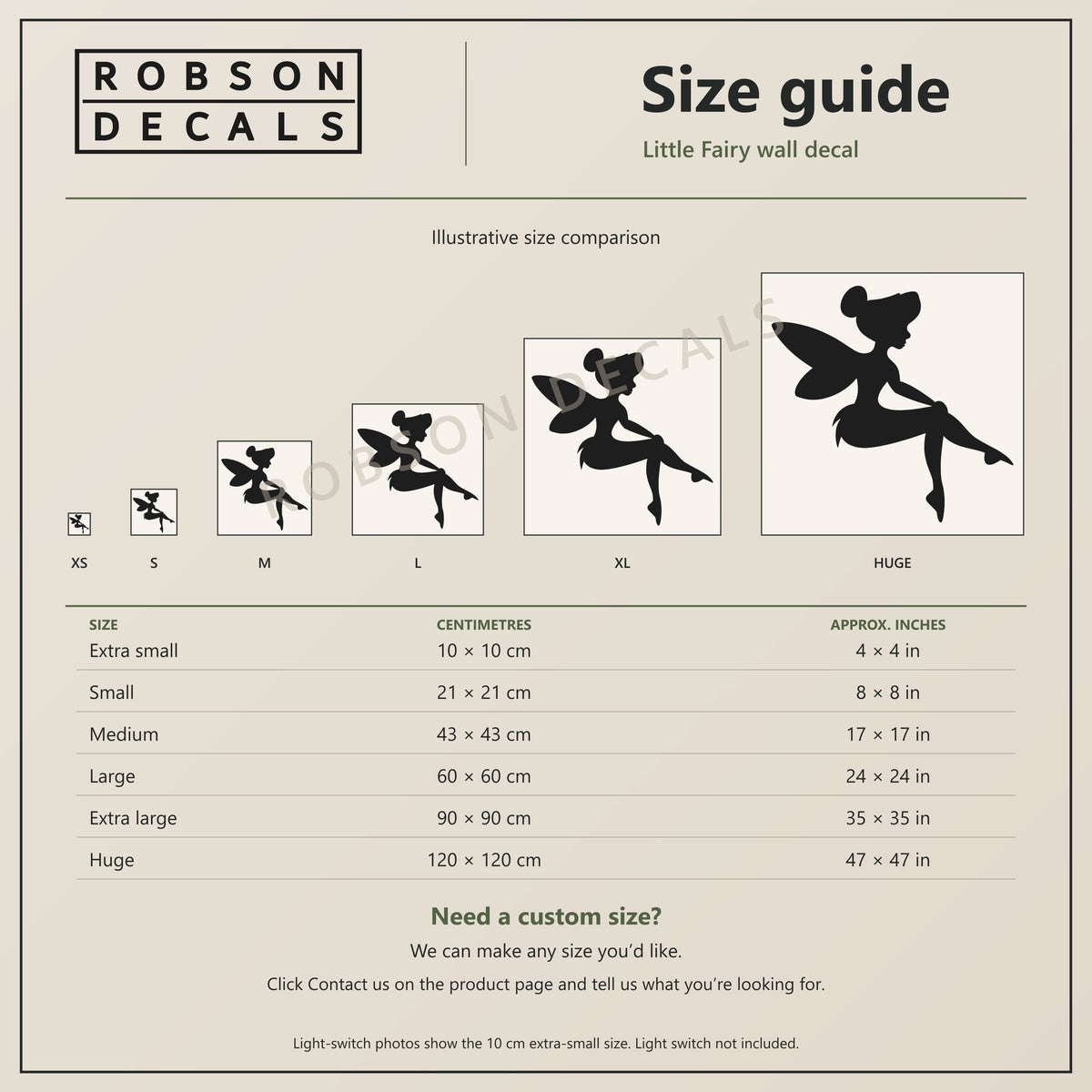 Robson Decals Little Fairy size guide showing the fairy at all six sizes: 10, 21, 43, 60, 90 and 120 cm square, approximately 4, 8, 17, 24, 35 and 47 inches square. Custom sizes available. Light-switch photographs show the 10 cm extra-small size; light switch not included.