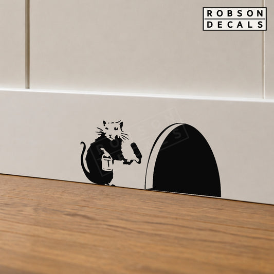 Black Little Mouse and Mouse Hole cut-vinyl decal on a white kitchen plinth. Exact Robson Decals logo and watermark.