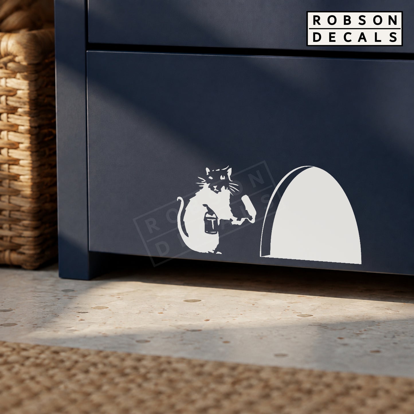 White Little Mouse and Mouse Hole decal on a navy cabinet. Original design and Robson Decals watermark.