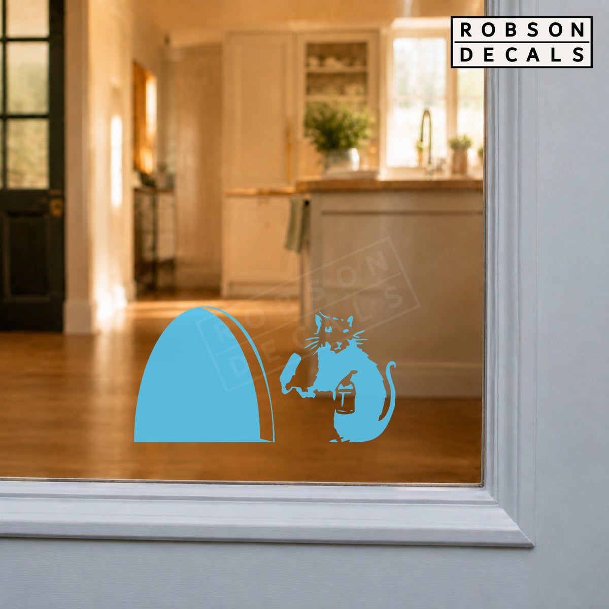 Pastel blue Little Mouse and Mouse Hole decal on glass in the reversed or mirrored direction, with the hole on the left.