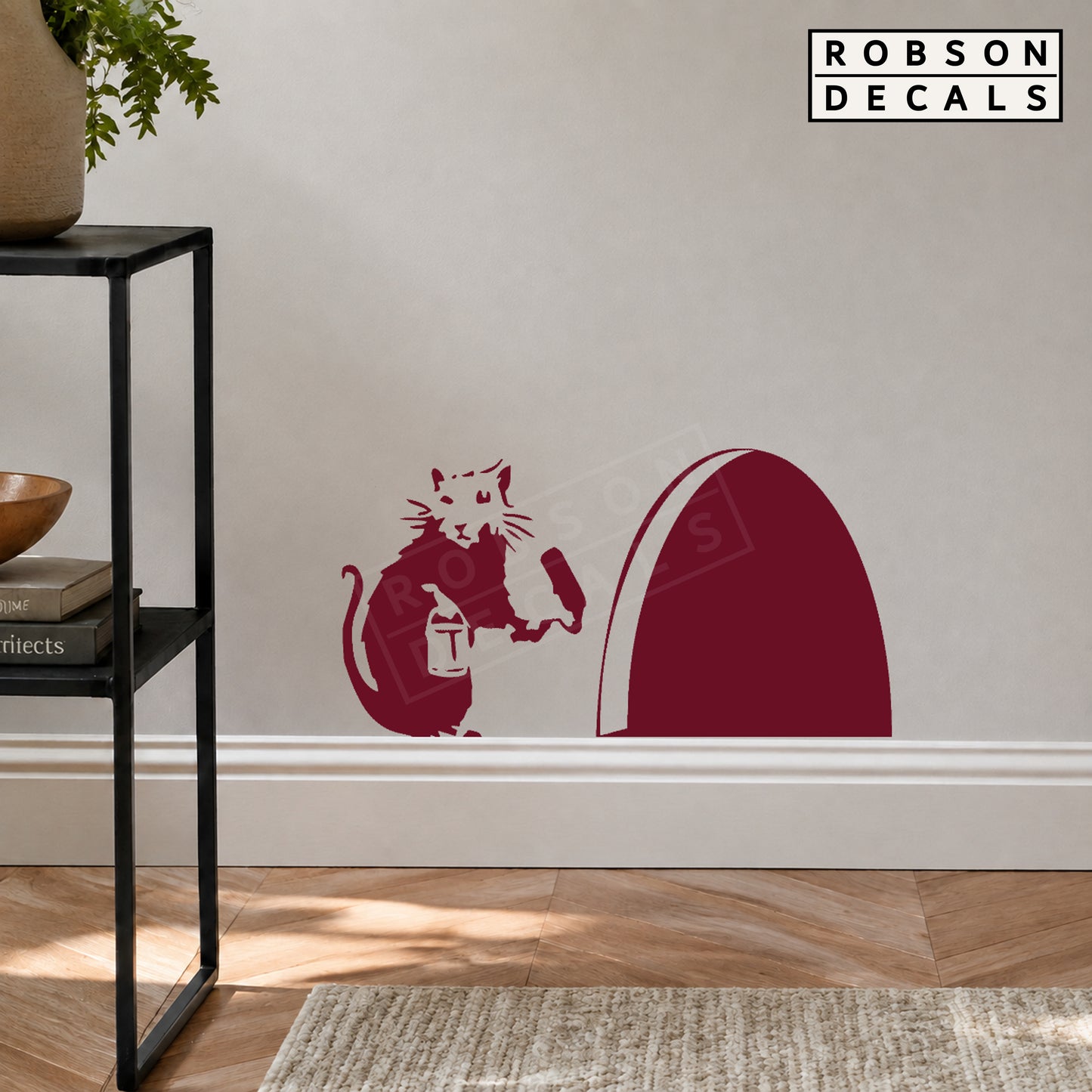 Burgundy Little Mouse and Mouse Hole vinyl decal above the skirting in a home studio, with Robson Decals watermark.