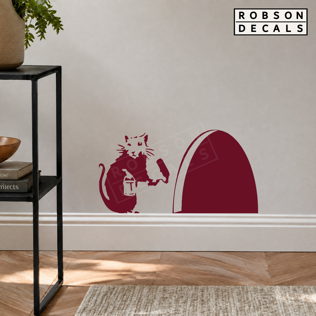 Burgundy Little Mouse and Mouse Hole vinyl decal above the skirting in a home studio, with Robson Decals watermark.