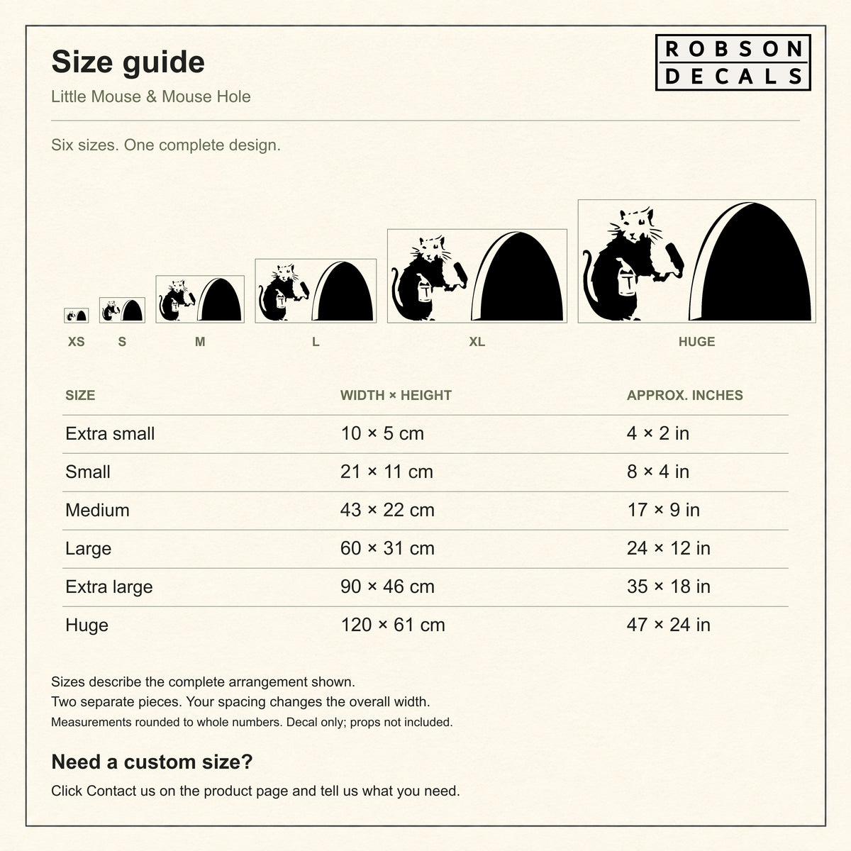 Little Mouse and Mouse Hole size guide: six proportionate examples, centimetres and rounded inches. Sizes cover the complete two-piece arrangement.
