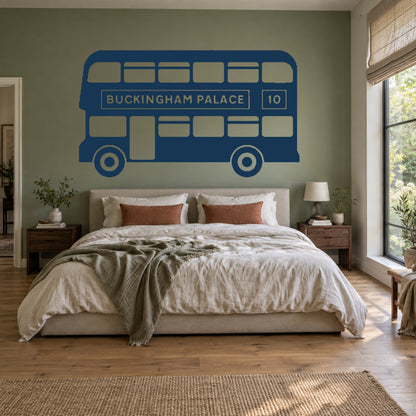 Dark blue single-colour London bus wall decal, including matching wheels, in a bedroom. Buckingham Palace route 10.