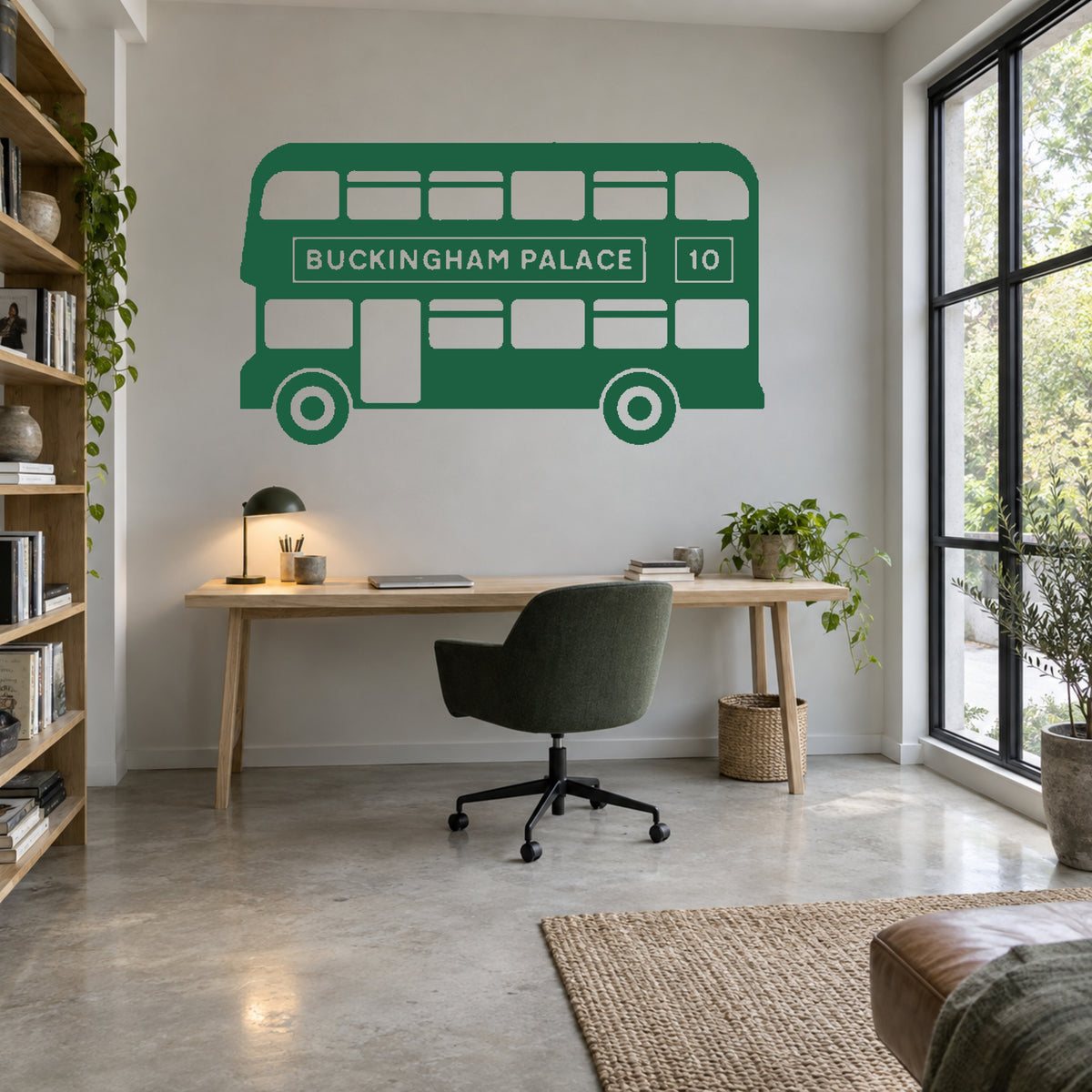 Forest green single-colour London bus wall decal, including matching wheels, in a home office. Buckingham Palace route 10.