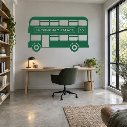 Forest green single-colour London bus wall decal, including matching wheels, in a home office. Buckingham Palace route 10.
