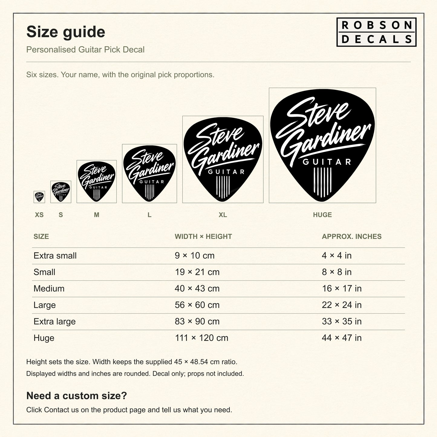 Six proportional sizes for the personalised guitar pick decal, with centimetres and rounded inches