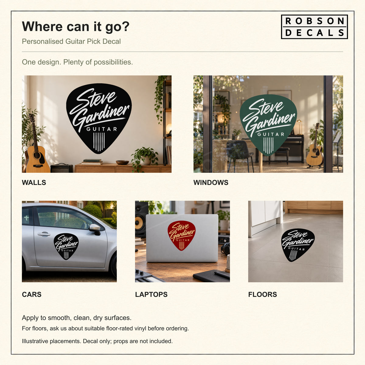 Guitar pick decal placement examples for walls, windows, cars, laptops and floors with floor-vinyl guidance