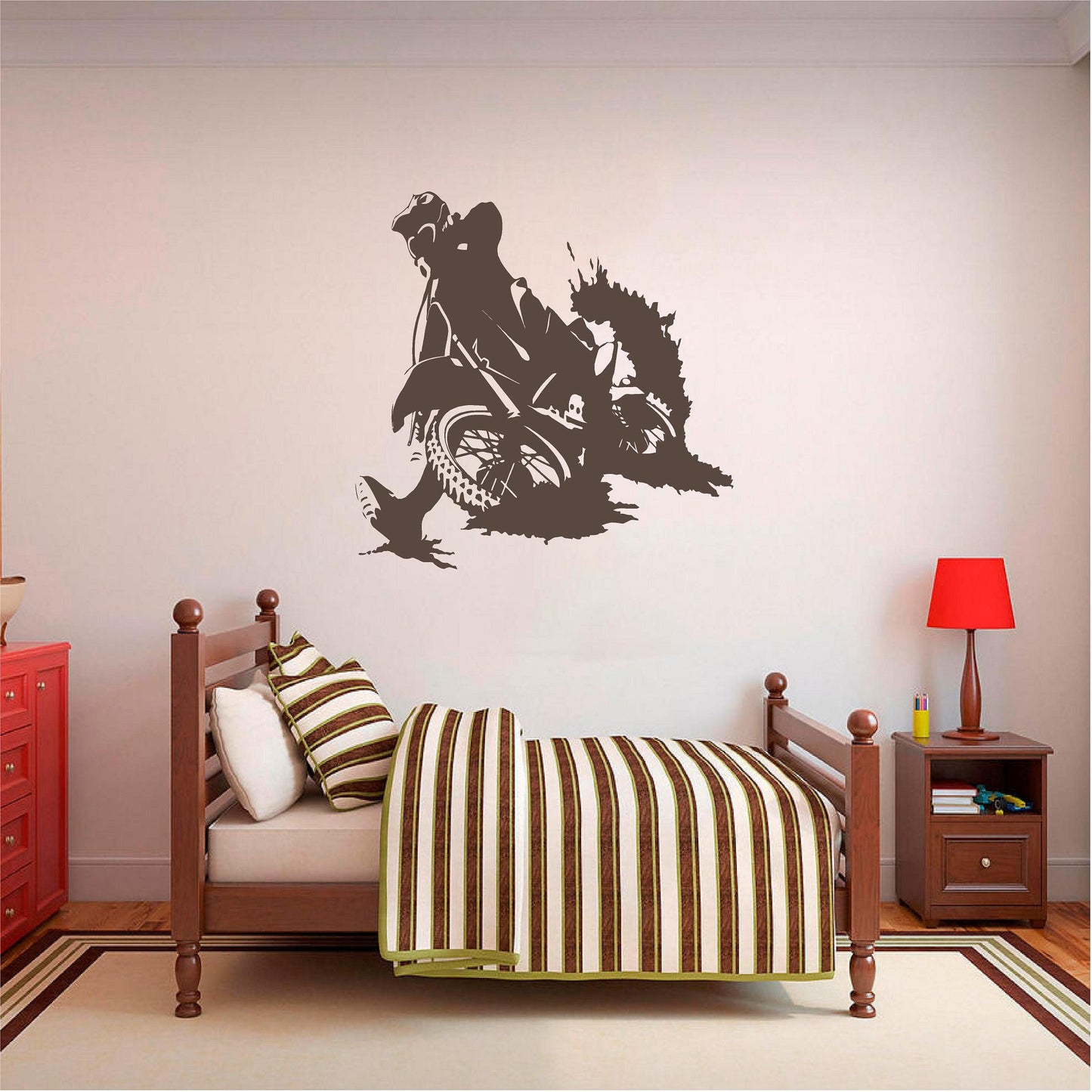 Brown motocross rally rider wall decal above a wooden bed