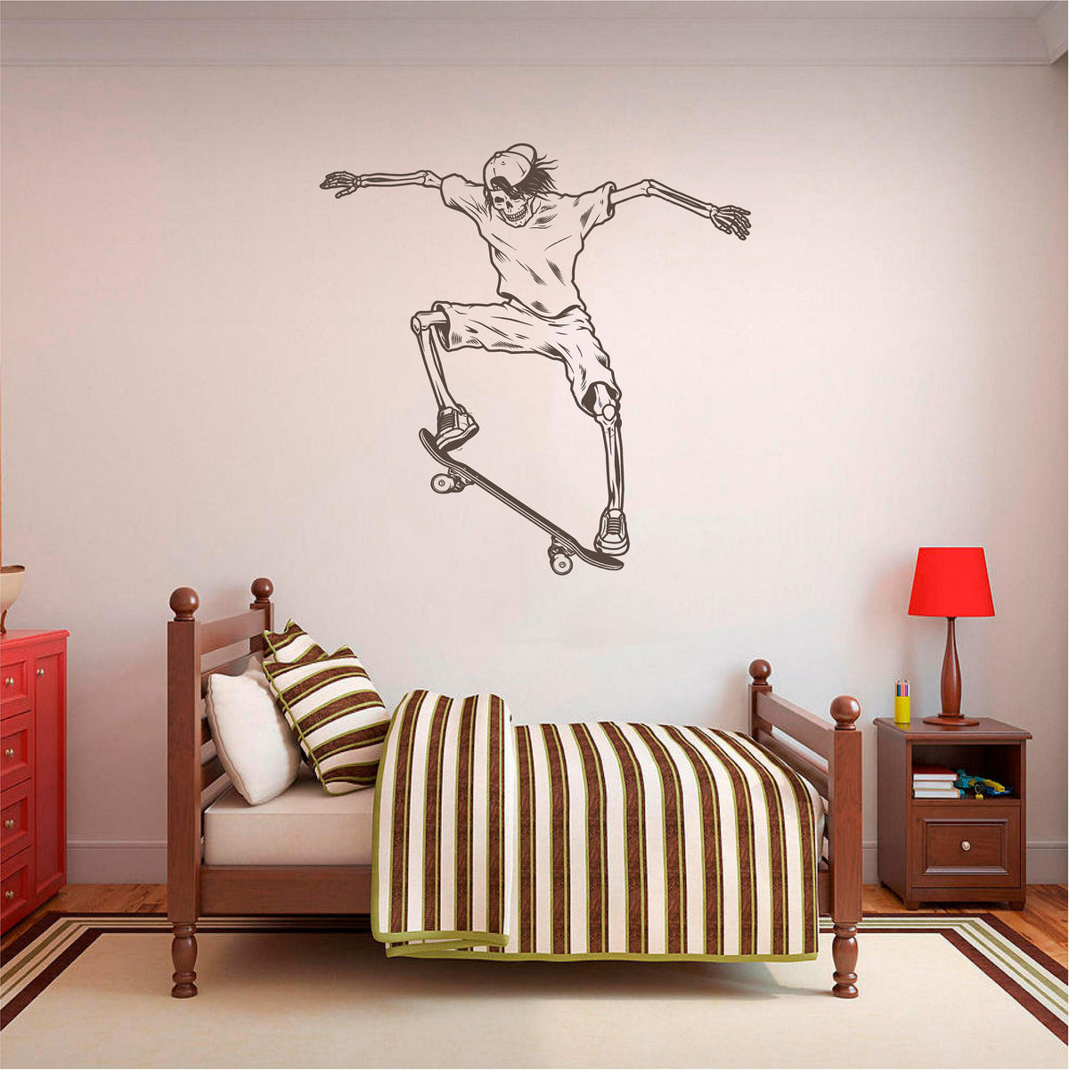 Brown skeleton skateboarder wall decal above a wooden single bed.