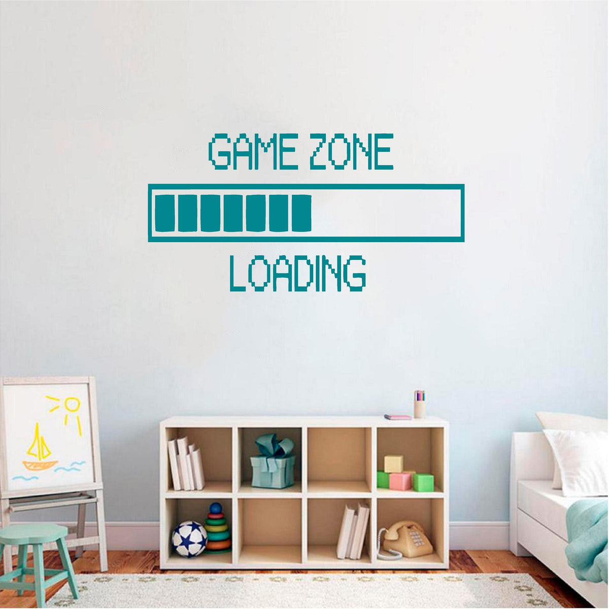 Turquoise Game Zone Loading wall decal above bedroom storage