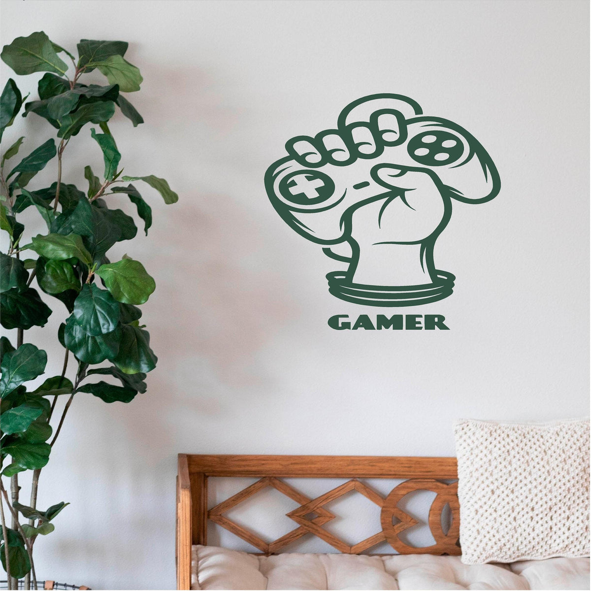 Dark green Gamer Fist wall decal above a wooden bench