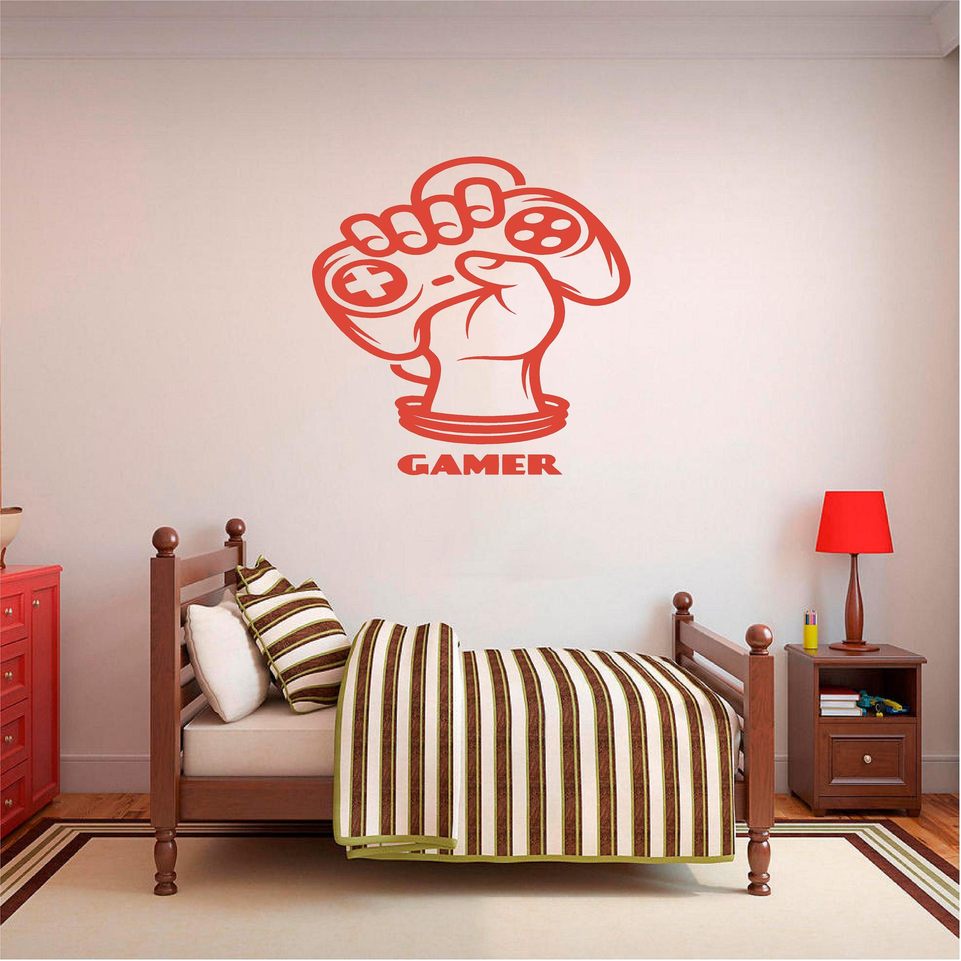 Red Gamer Fist wall decal above a single bed