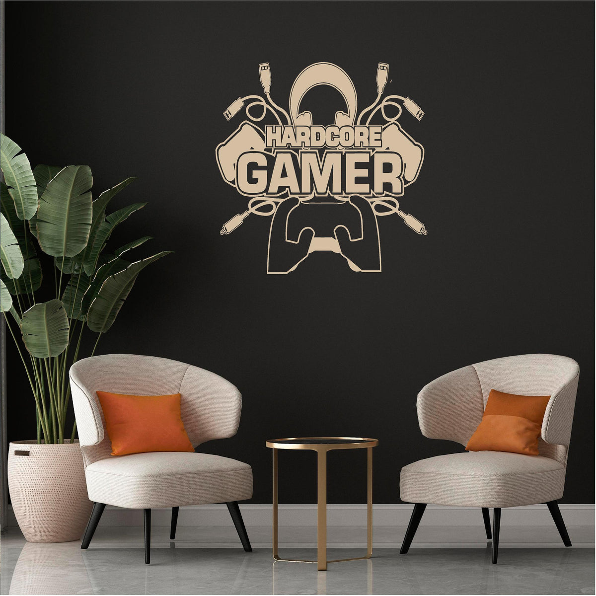 Cream Hardcore Gamer wall decal on a dark wall above two chairs