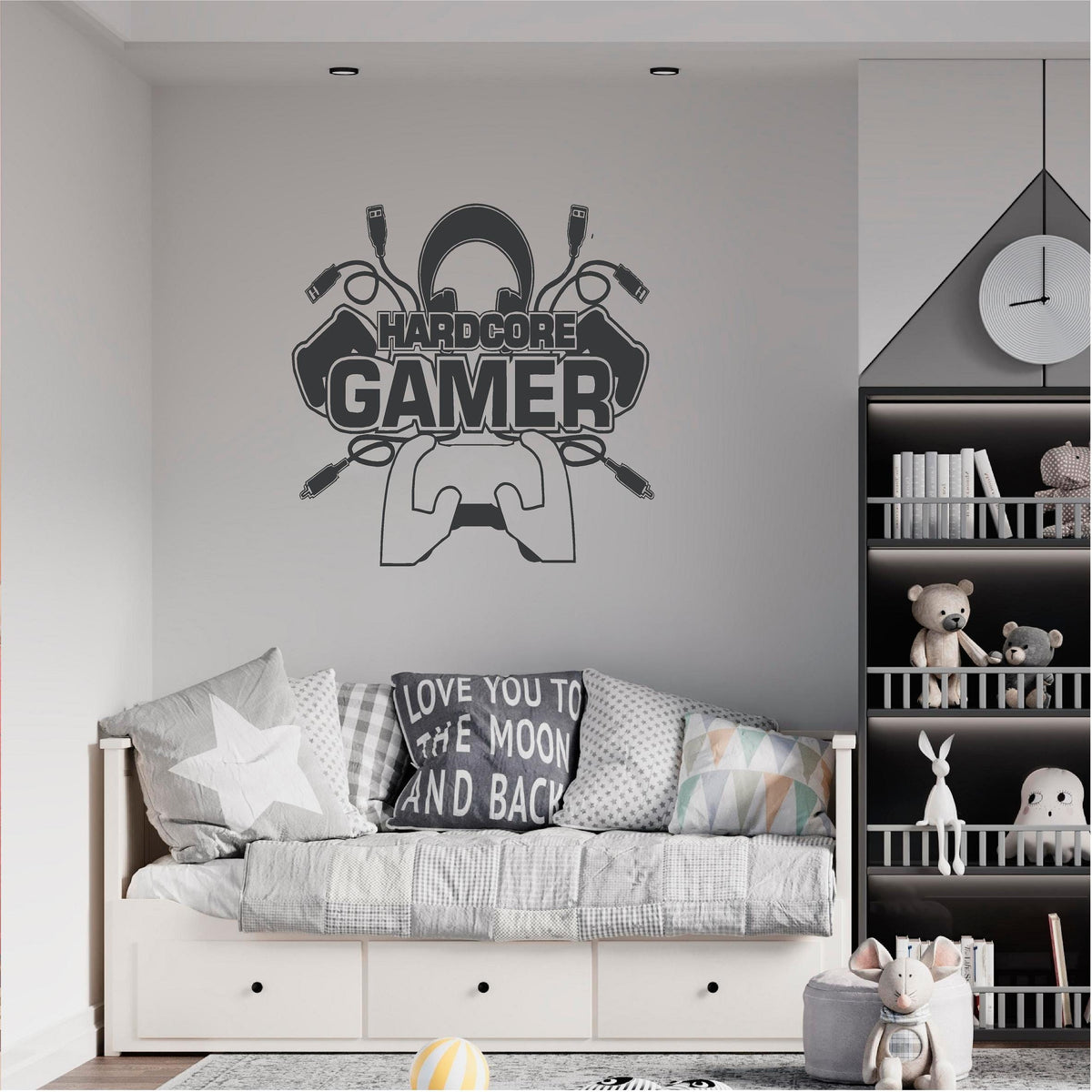 Dark grey Hardcore Gamer wall decal above a daybed