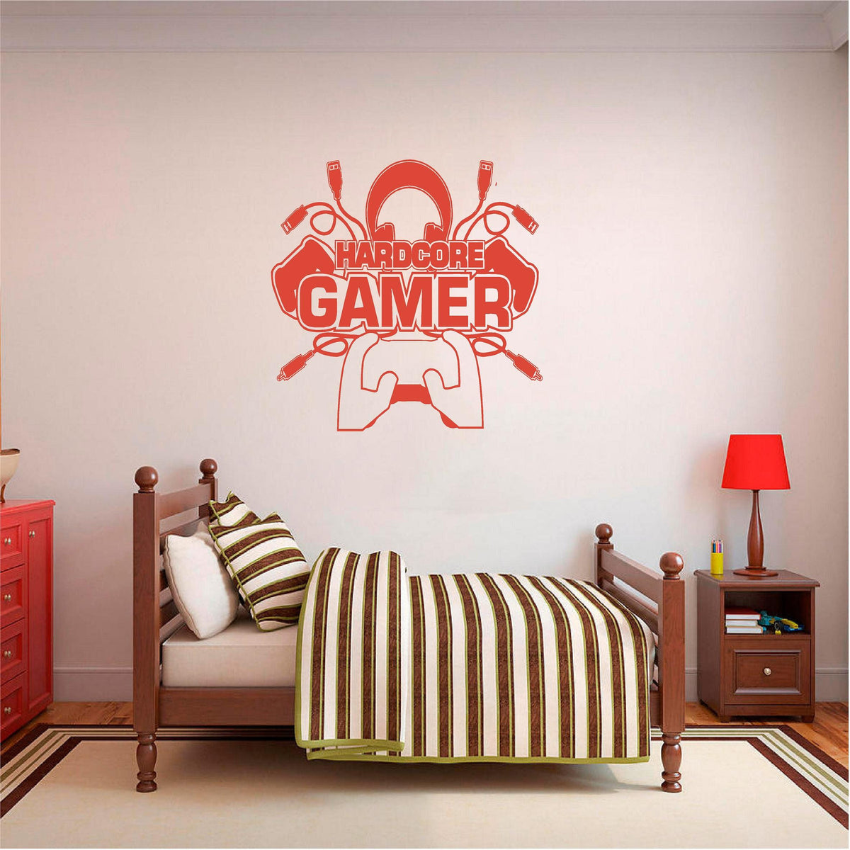 Red Hardcore Gamer wall decal above a single bed