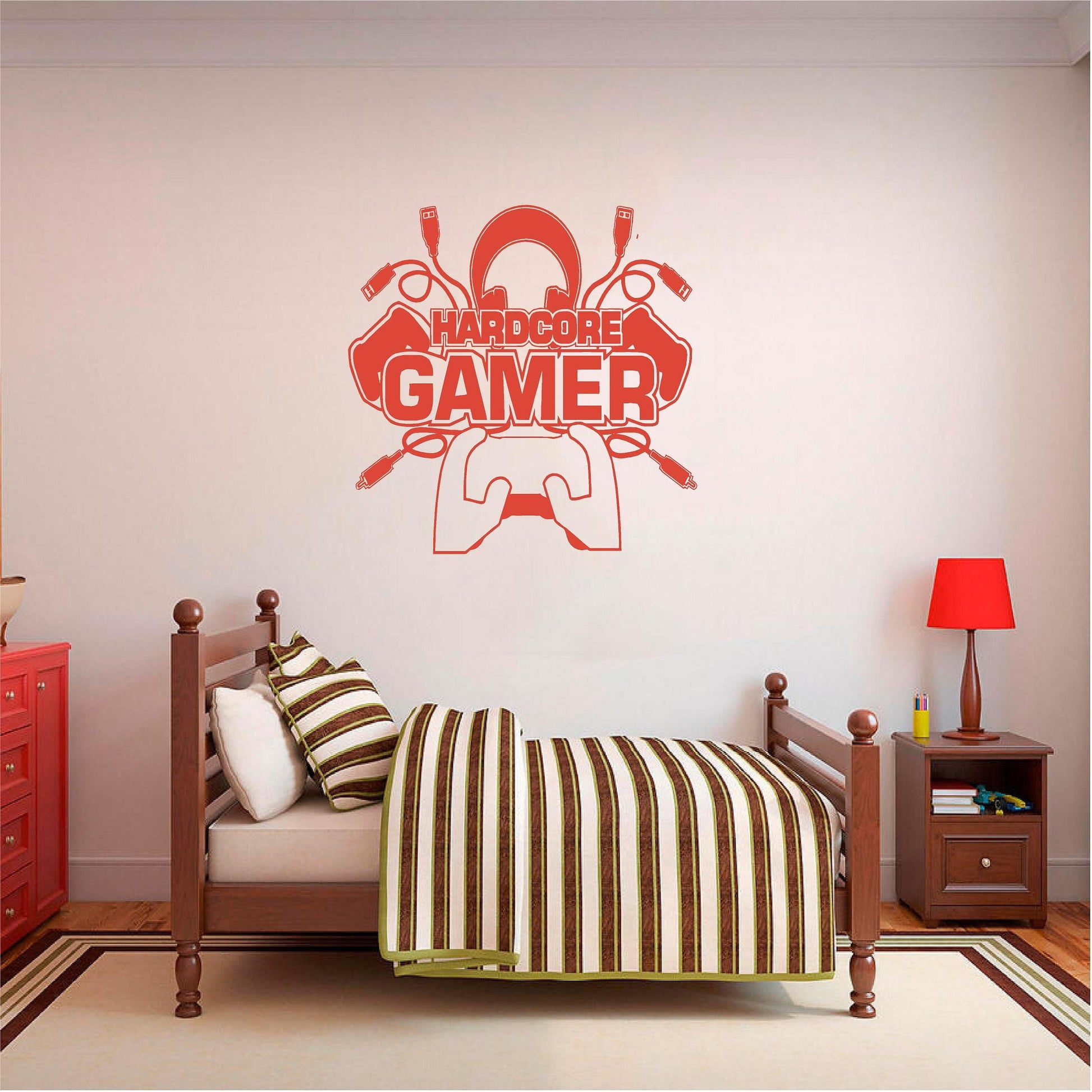 Red Hardcore Gamer wall decal above a single bed