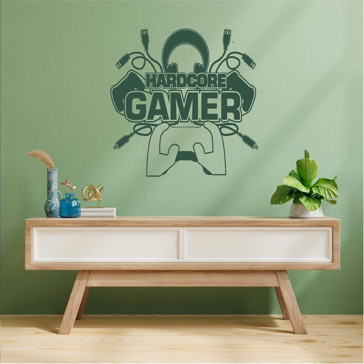 Dark green Hardcore Gamer wall decal above a sideboard