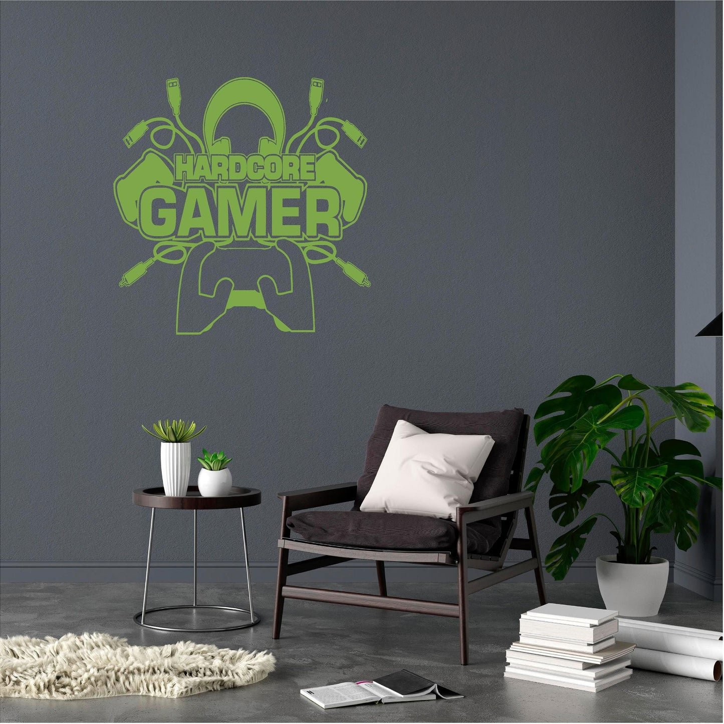 Green Hardcore Gamer wall decal above a dark armchair