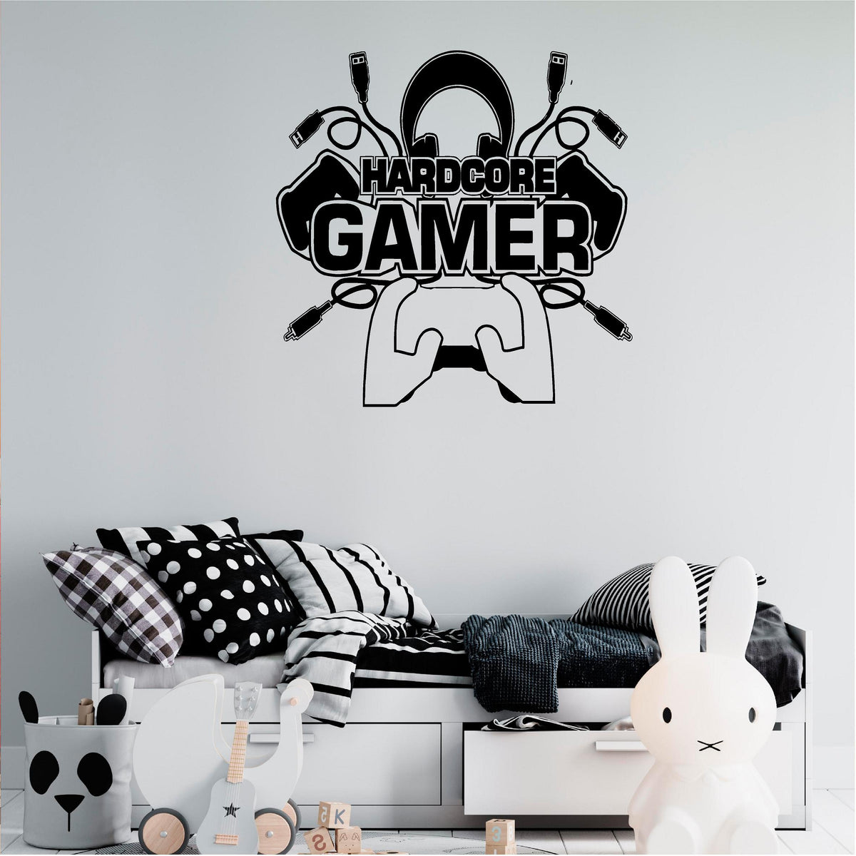 Black Hardcore Gamer wall decal above a child's bed