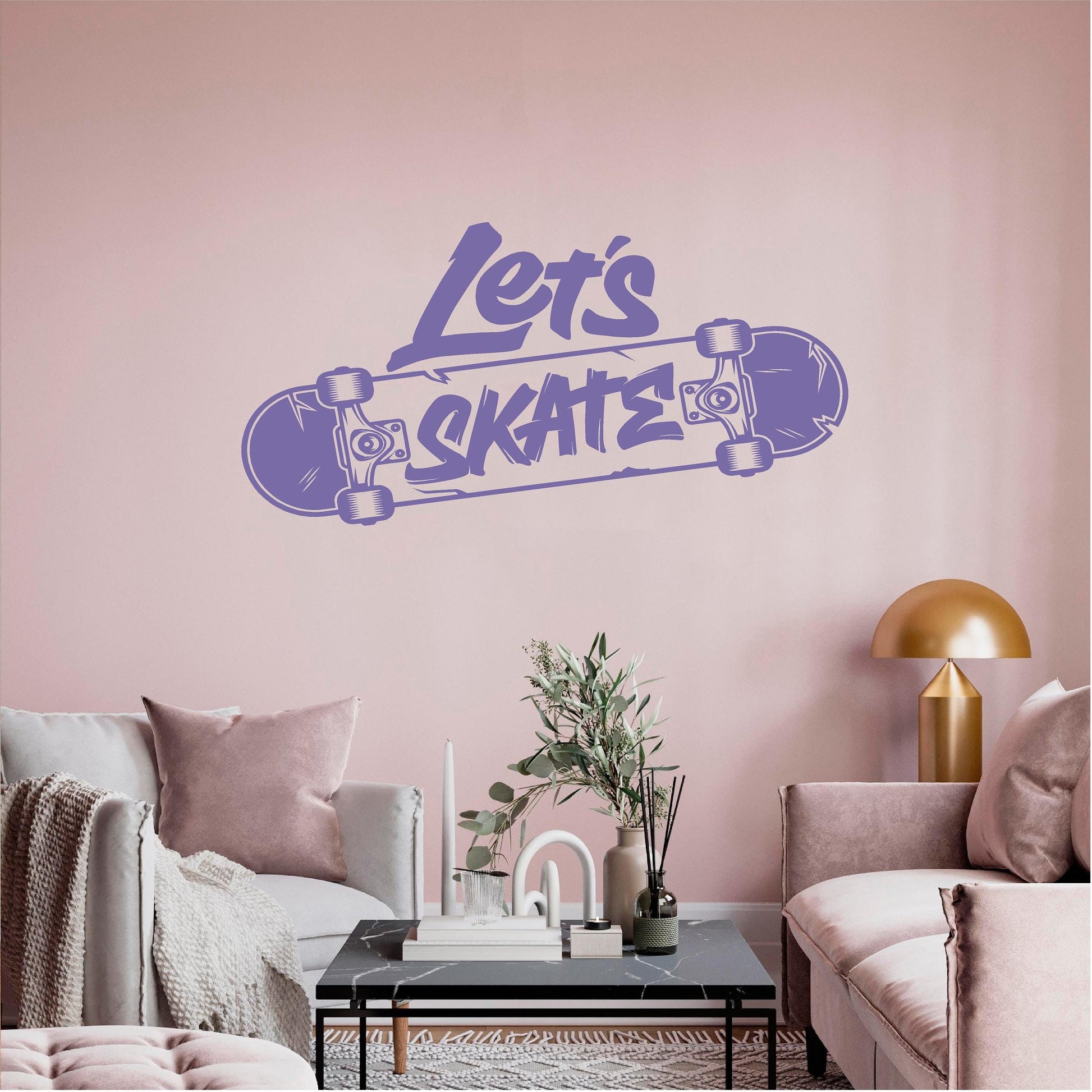 Purple Let's Skate wall decal in a pink sitting room