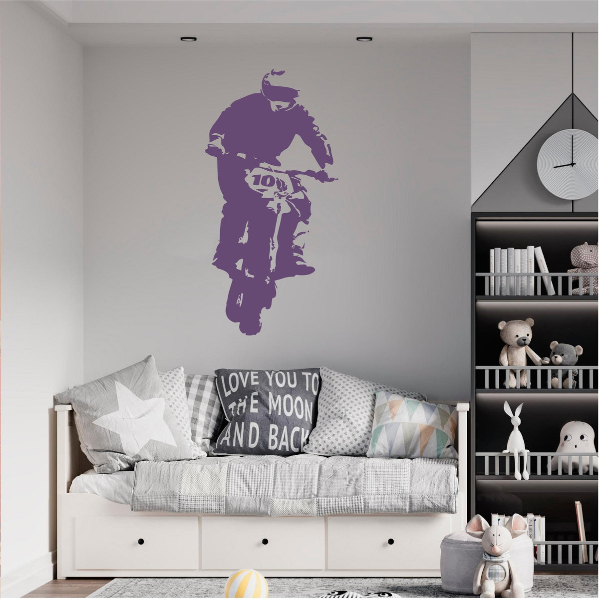 Purple rally biker wall decal above a daybed