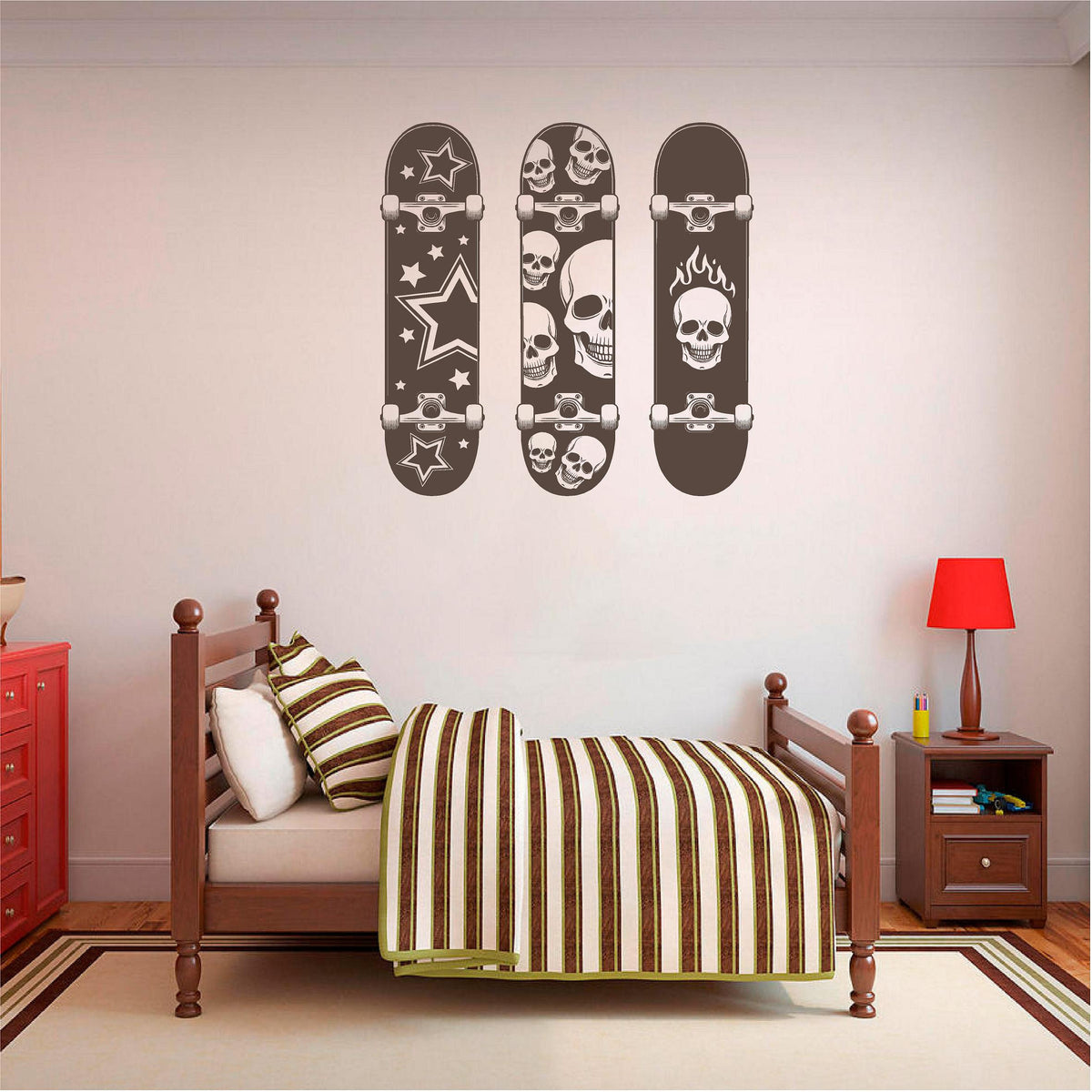 Brown skateboard wall decal set above a single bed