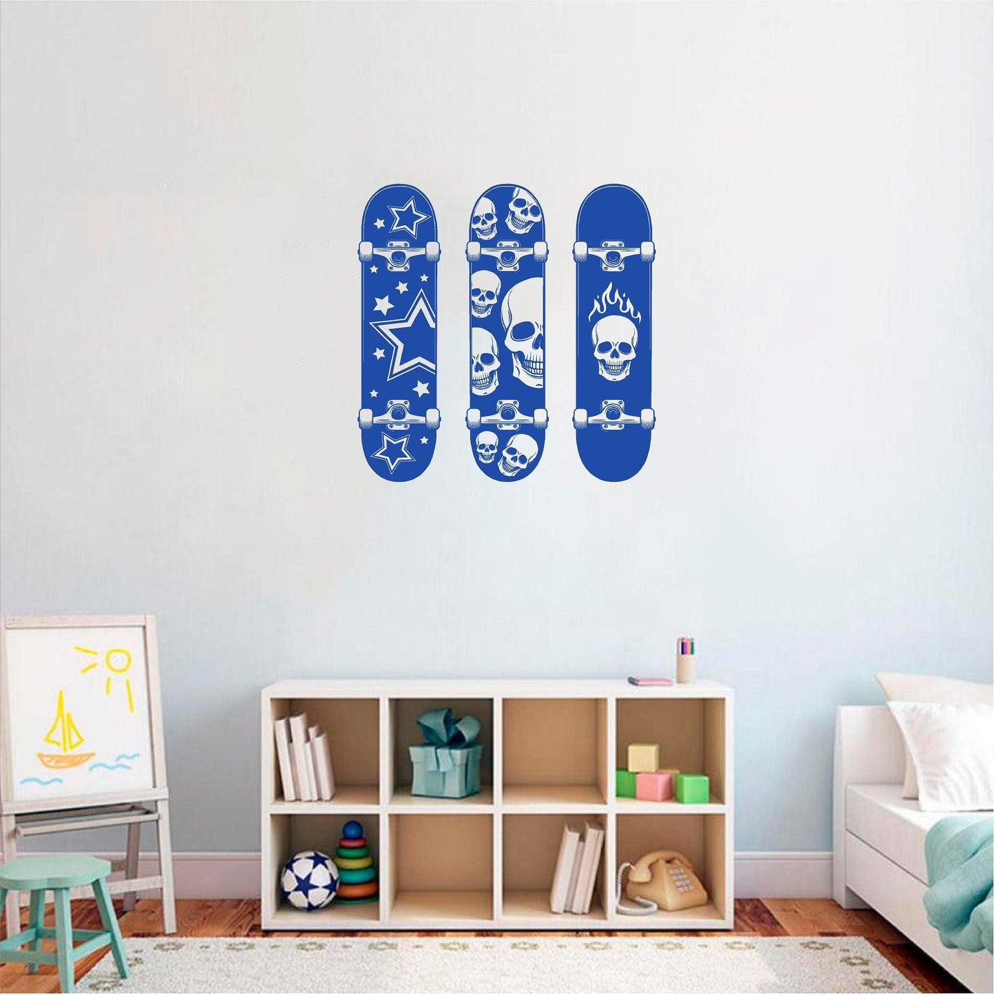 Blue skateboard wall decal set in a child's bedroom