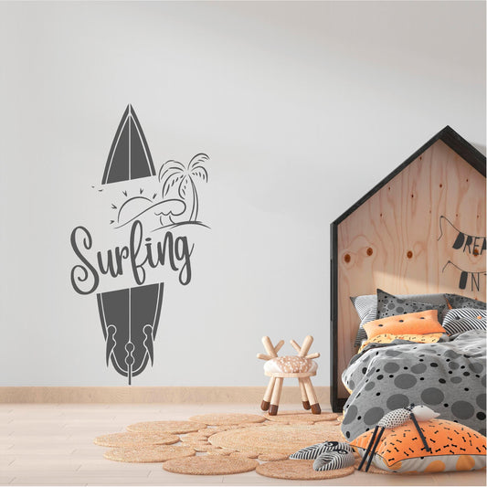 Grey Surfing surfboard wall decal beside a child's bed