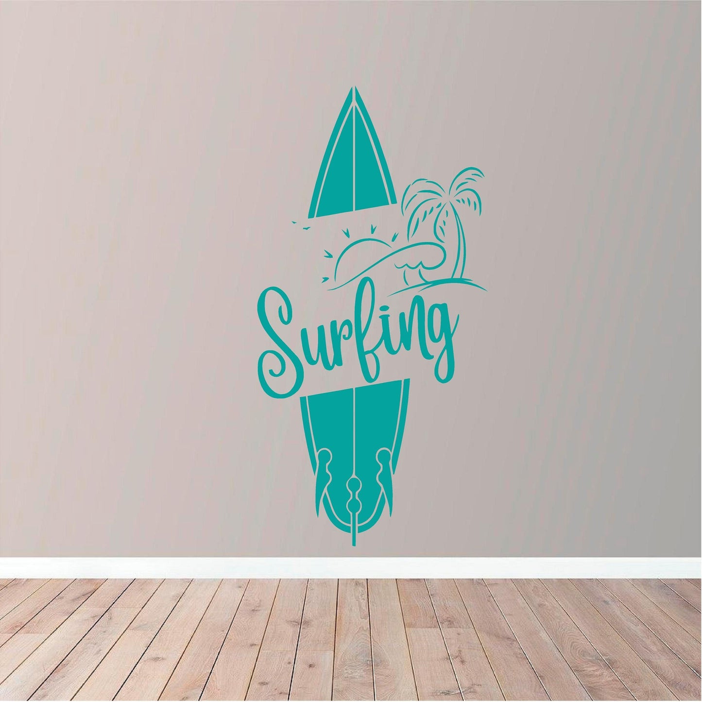 Turquoise Surfing wall decal on a pale wall