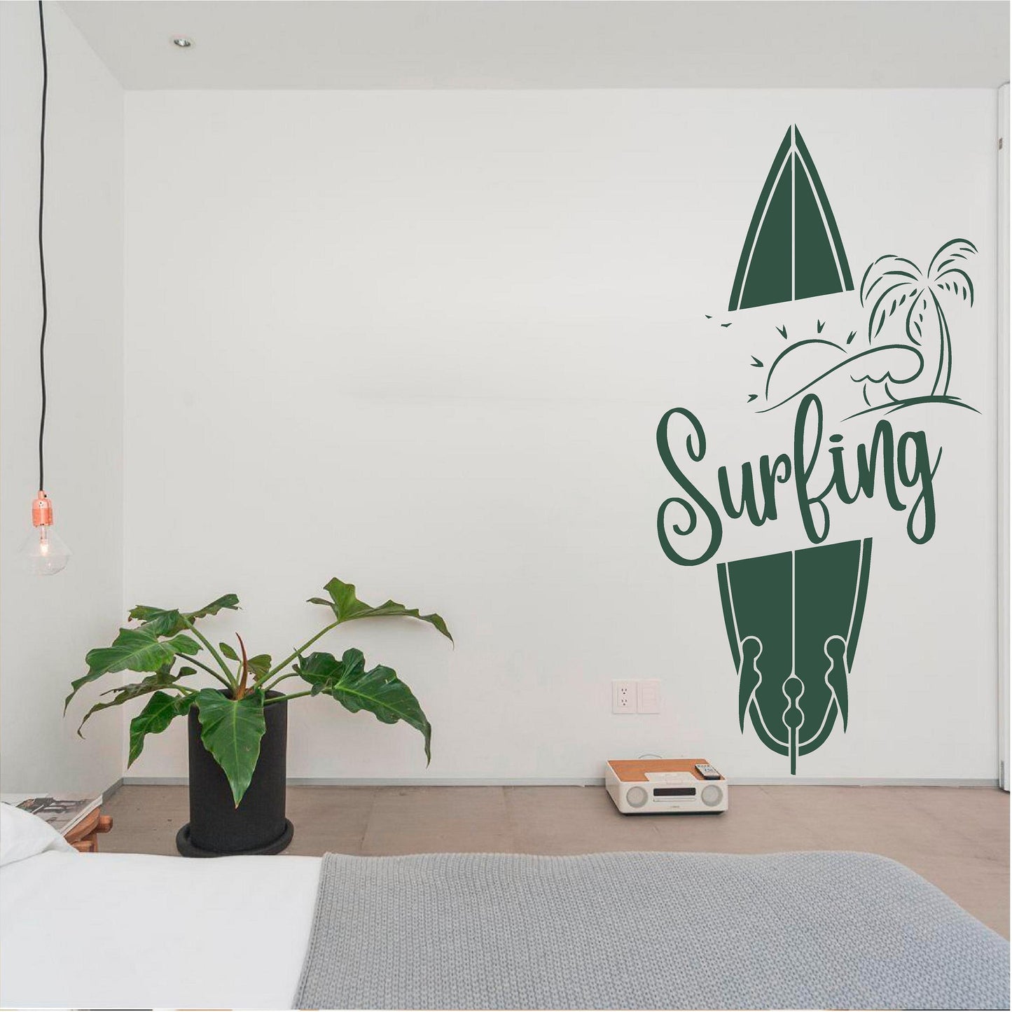 Dark green Surfing wall decal in a bedroom