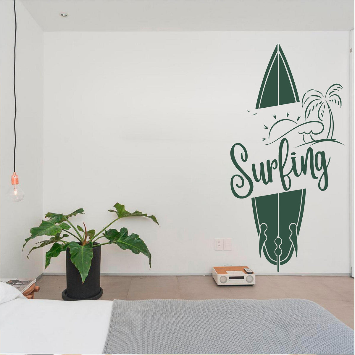 Dark green Surfing wall decal in a bedroom
