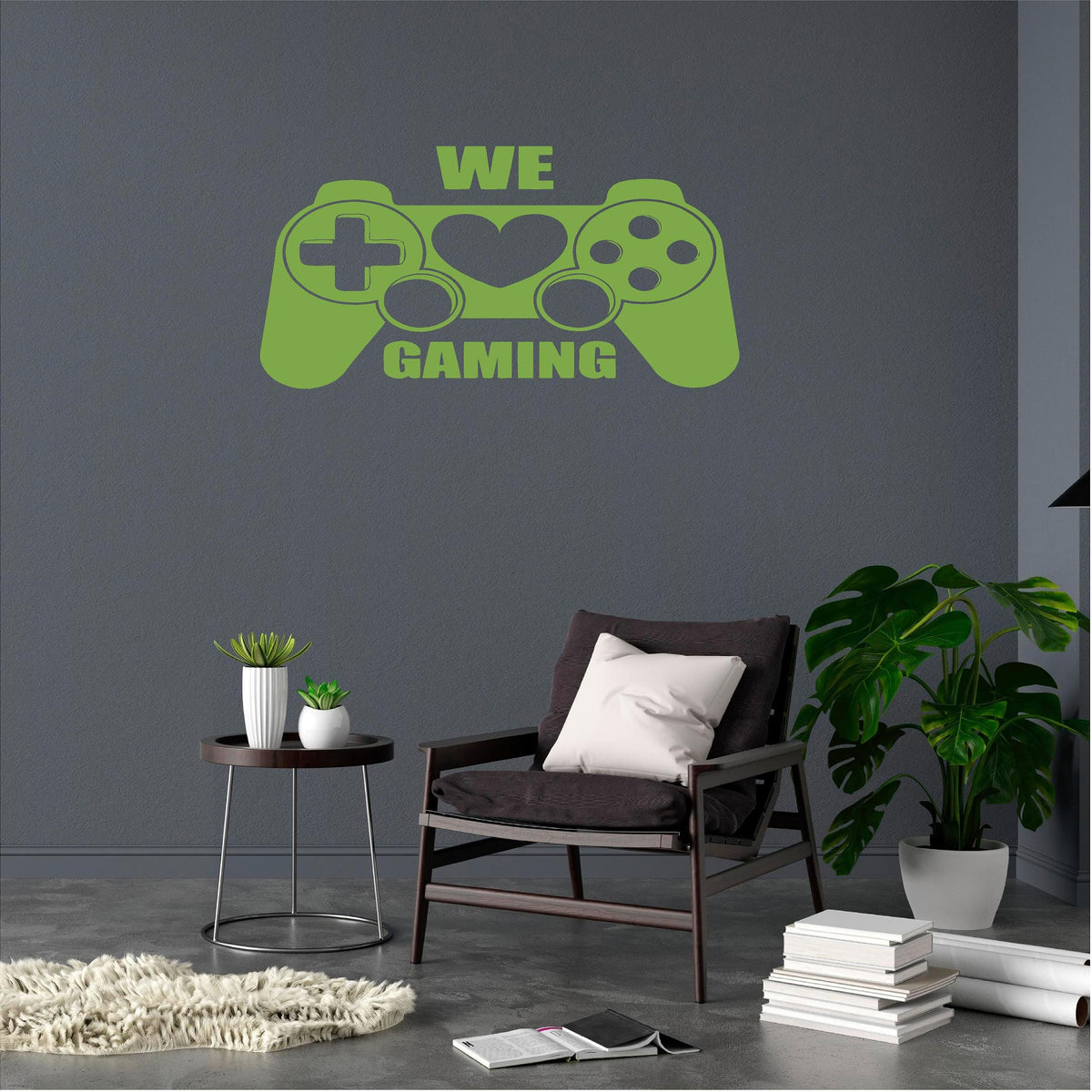 Green We Love Gaming controller wall decal above an armchair