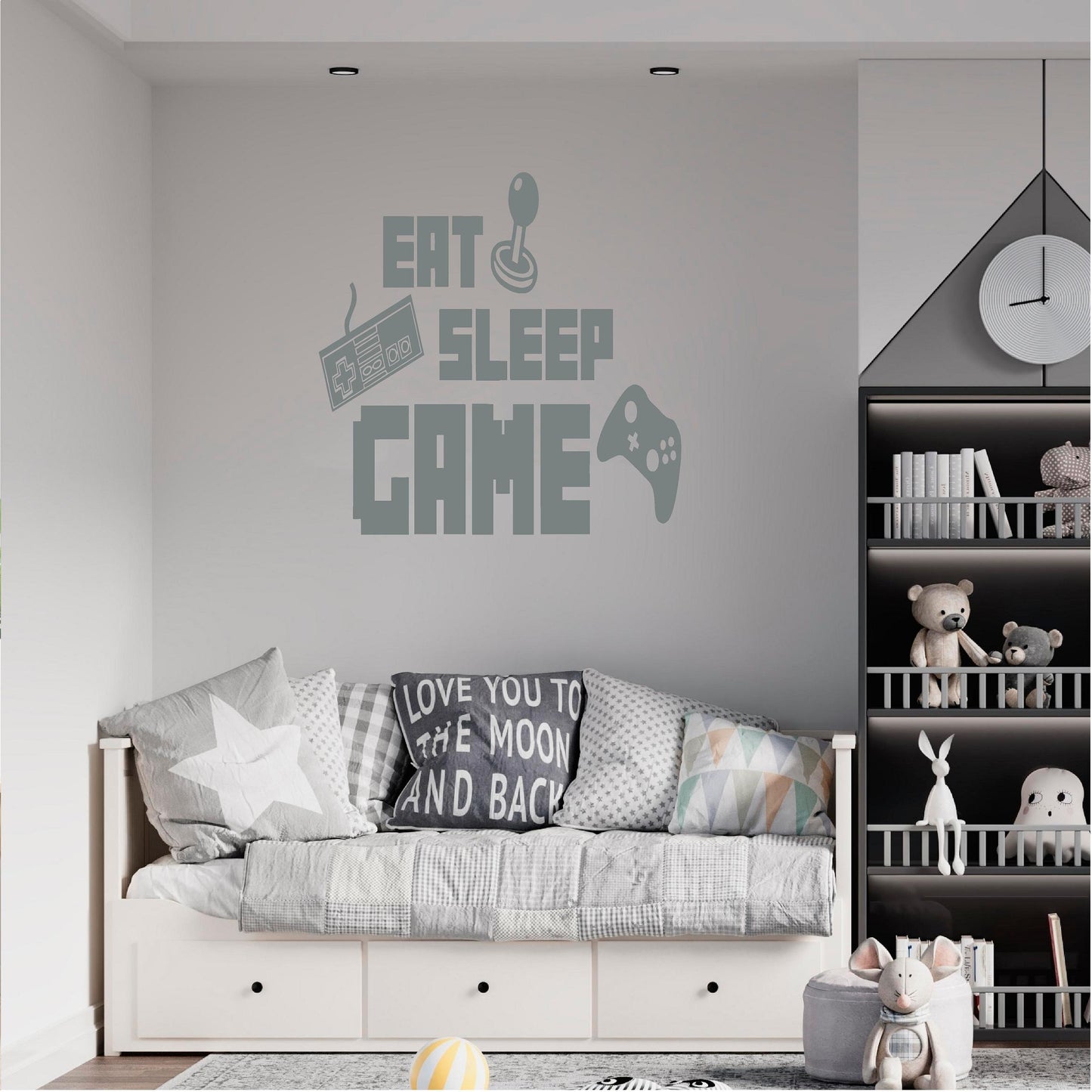 Grey Eat Sleep Game wall decal above a grey bed