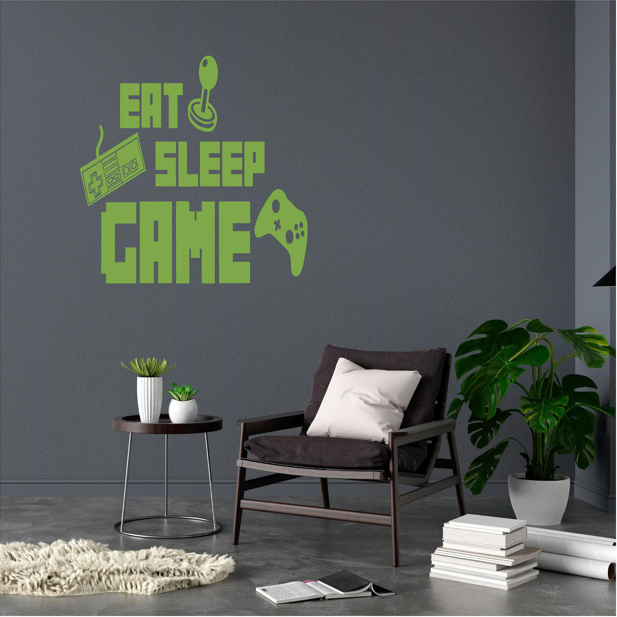 Green Eat Sleep Game wall decal beside a lounge chair