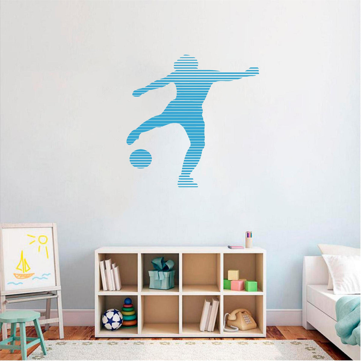 Blue striped footballer wall decal above bedroom shelving