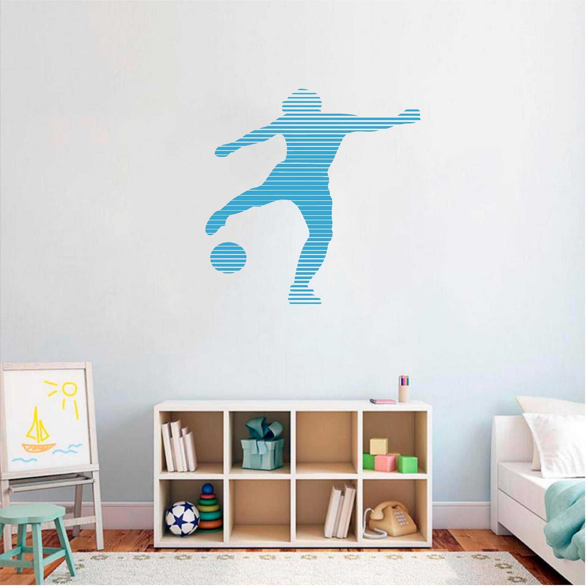 Blue striped footballer wall decal above bedroom shelving