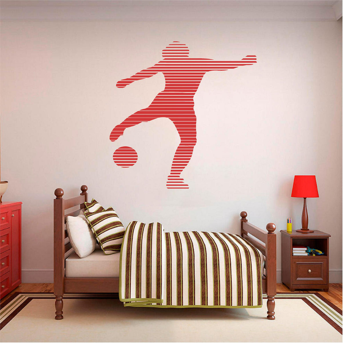 Red striped footballer wall decal above a striped bed