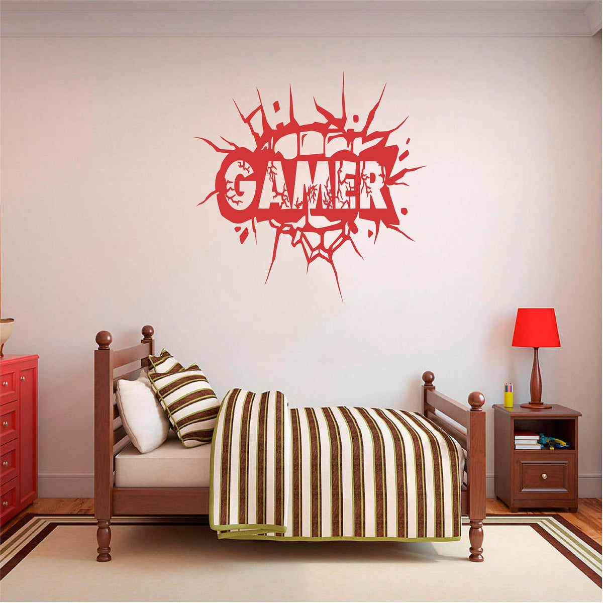 Red Gamer cracked-wall decal above a striped bed