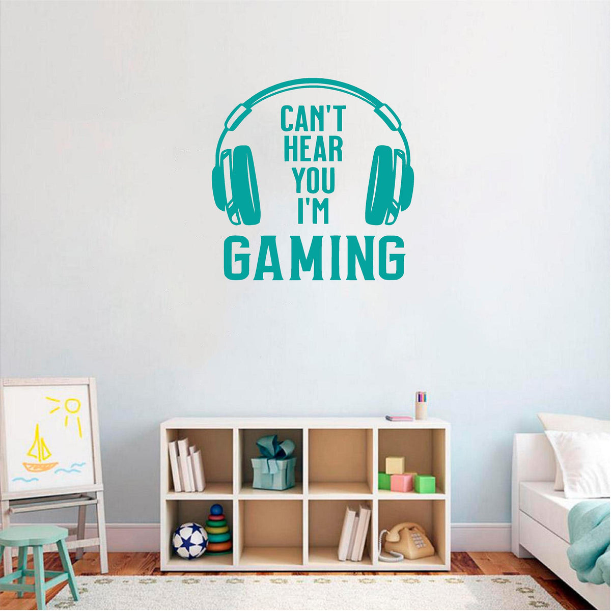 Turquoise Can't Hear You I'm Gaming wall decal above bedroom shelving
