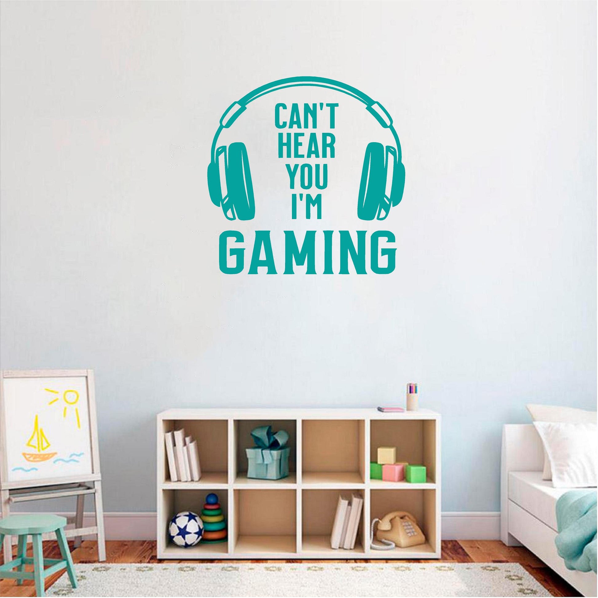 Turquoise Can't Hear You I'm Gaming wall decal above bedroom shelving