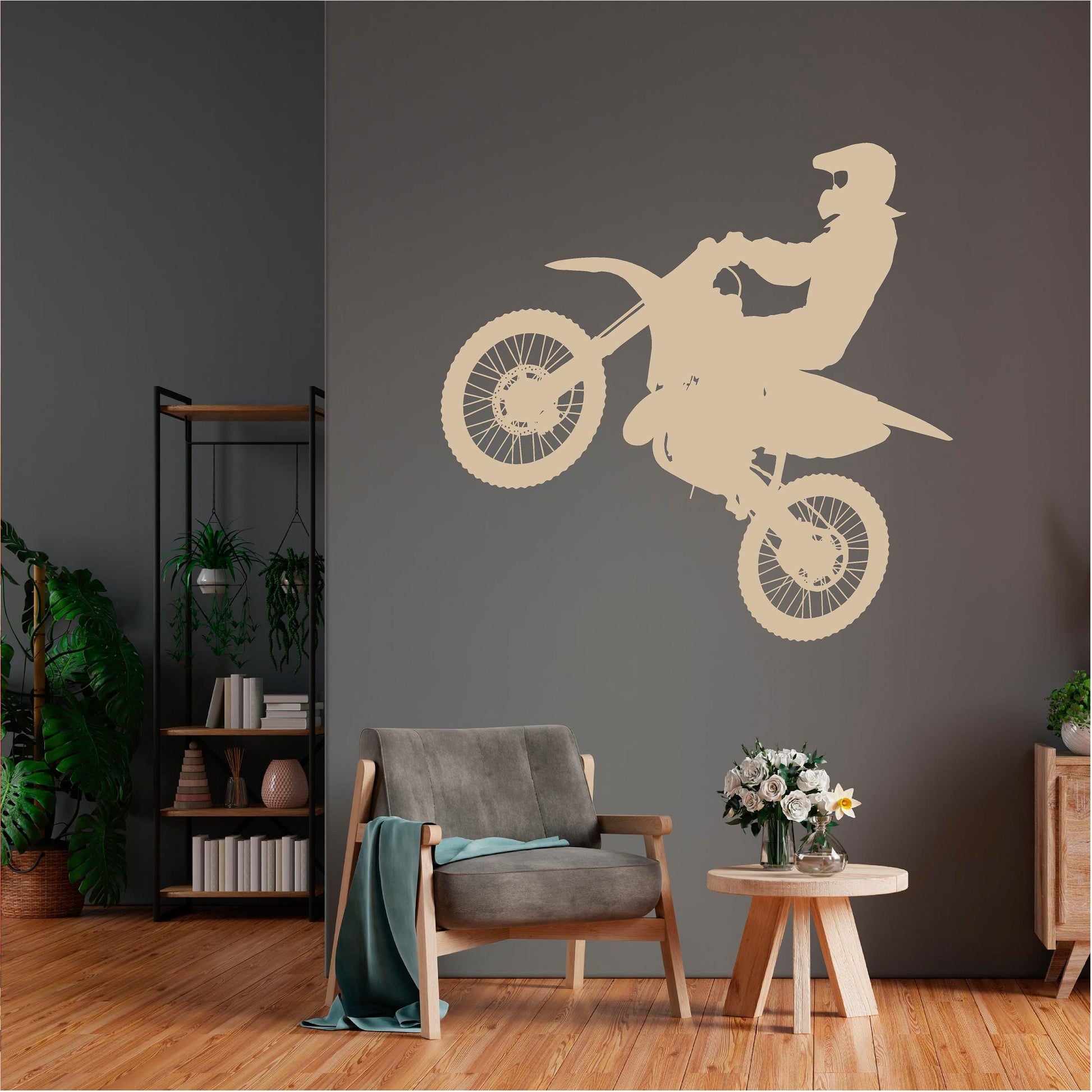 Cream motocross rider wall decal on a dark lounge wall