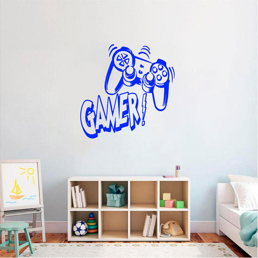 Blue Gamer controller wall decal above bedroom shelving