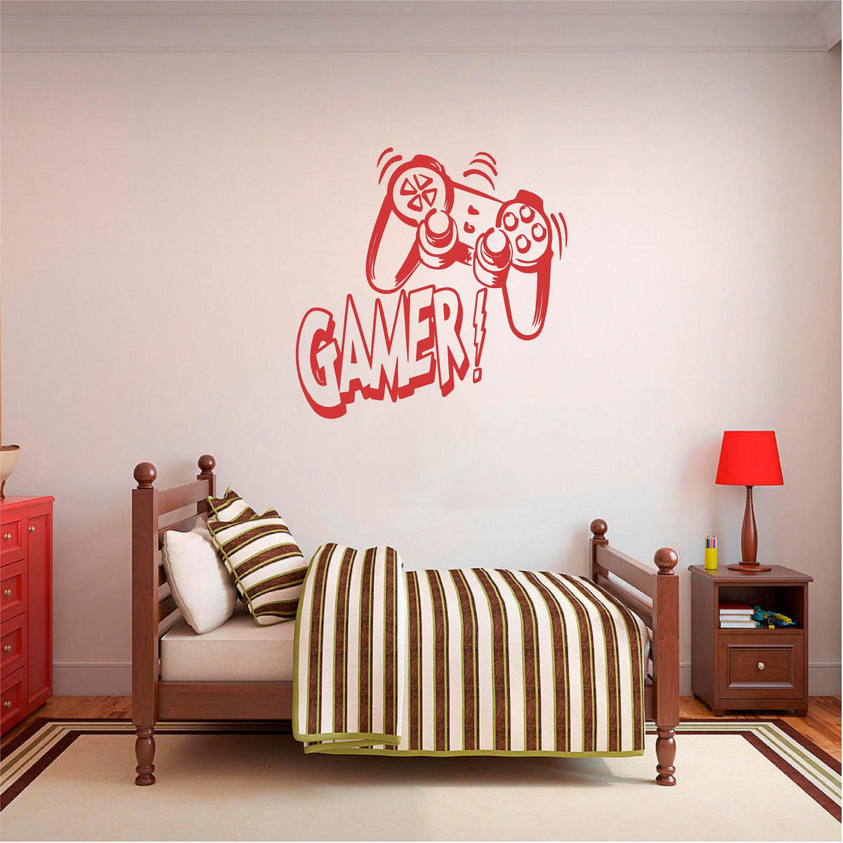 Red Gamer controller wall decal above a striped bed