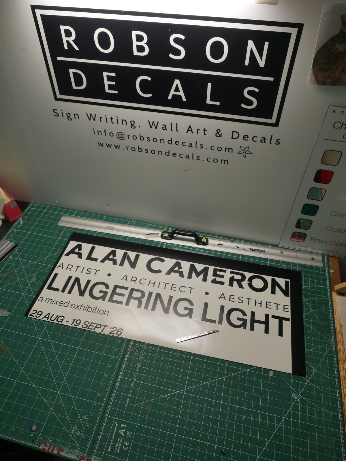 Alan Cameron - Lingering Light exhibition lettering — prepared vinyl lettering or artwork, workshop photograph