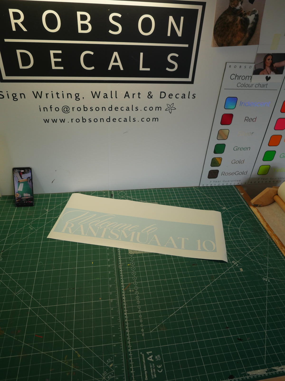 Personalised welcome lettering — prepared vinyl lettering or artwork, workshop photograph